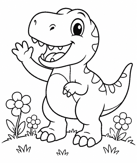 A friendly T. rex waving, drawn in thick outlines with flowers around it.