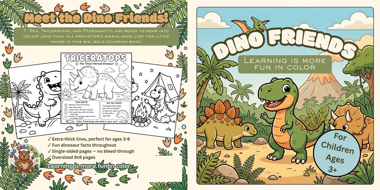 The full Dino Friends cover wrap — back cover on the left showing three sample pages, front cover on the right.