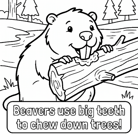 A beaver holding a log, with the caption: beavers use big teeth to chew down trees.