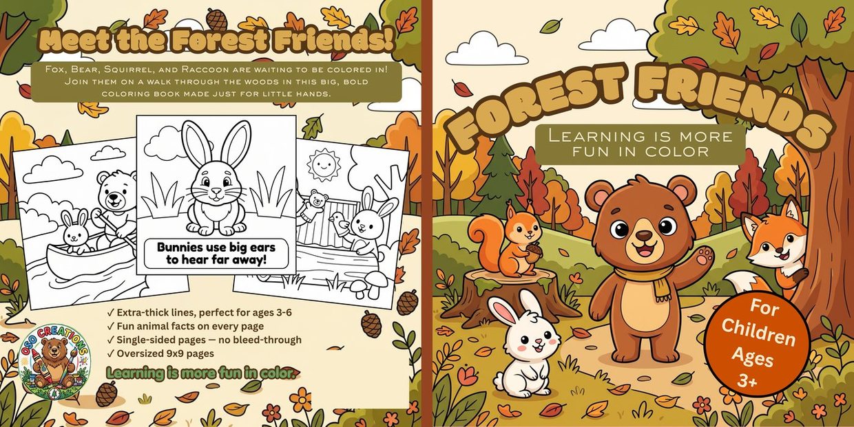The full Forest Friends cover wrap — back cover on the left showing three sample pages, front cover on the right.