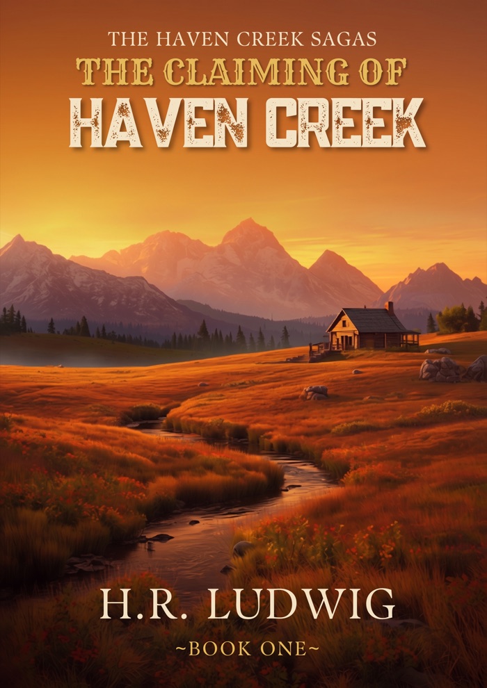Cover of The Claiming of Haven Creek by H.R. Ludwig — a cabin above a creek winding through autumn grass, mountains under a burning sunset